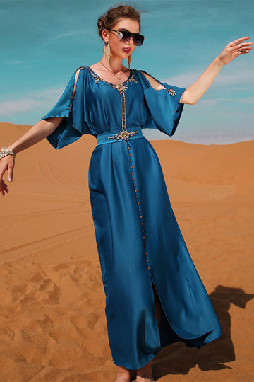 Niebieska Krótki Rękaw Abaya z Koralikami